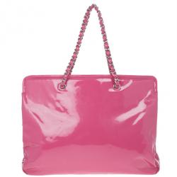 Pre Owned Chanel Fuschia Pink Patent Leather CC Logo Shopping Tote