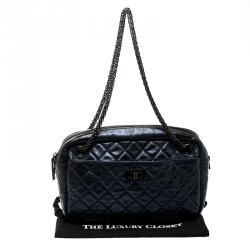 Pre Owned Chanel Metallic Blue Quilted Leather Medium Reissue Camera Bag