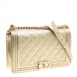 Pre Owned Chanel Light Gold Perforated Leather New Medium Boy Bag