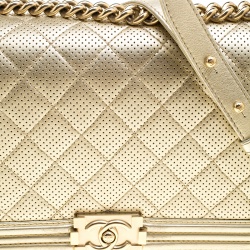 Pre Owned Chanel Light Gold Perforated Leather New Medium Boy Bag