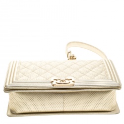 Pre Owned Chanel Light Gold Perforated Leather New Medium Boy Bag