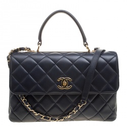 Pre Owned Chanel Navy Blue Quilted Leather Medium Flap Top Handle Bag
