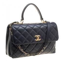 Pre Owned Chanel Navy Blue Quilted Leather Medium Flap Top Handle Bag