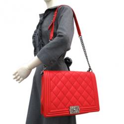 Pre Owned Chanel Red Lambskin Shoulder Boy Bag