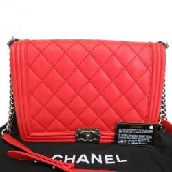 Pre Owned Chanel Red Lambskin Shoulder Boy Bag