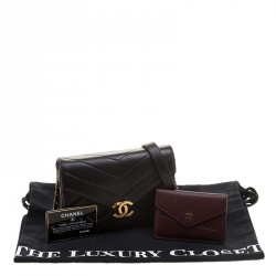 Pre Owned Chanel Black Herringbone Quilted Leather Flap Bag w/ Removable Red Pouch