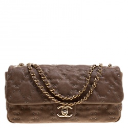Pre Owned Chanel Taupe Quilted Wild Stitch Caviar Leather Classic Flap Shoulder Bag