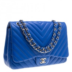 Pre Owned Chanel Blue Chevron Quilted Leather Jumbo Classic Flap Bag