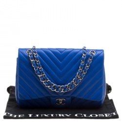 Pre Owned Chanel Blue Chevron Quilted Leather Jumbo Classic Flap Bag