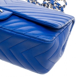 Pre Owned Chanel Blue Chevron Quilted Leather Jumbo Classic Flap Bag