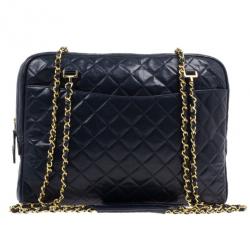 Pre Owned Chanel Navy Blue Lambskin Quilted Large Camera Bag