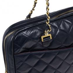Pre Owned Chanel Navy Blue Lambskin Quilted Large Camera Bag