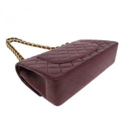 Pre Owned Chanel Maroon Lambskin Matelasse Medium Double Flap Shoulder Bag