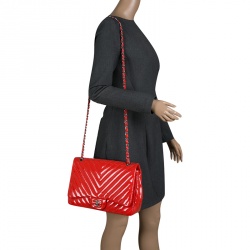 Pre Owned Chanel Coral Quilted Patent Leather Chevron Jumbo Classic Flap Bag