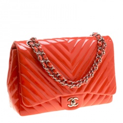 Pre Owned Chanel Coral Quilted Patent Leather Chevron Jumbo Classic Flap Bag