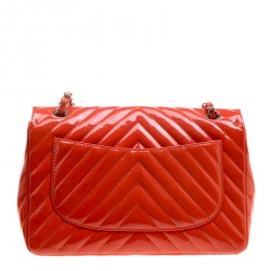 Pre Owned Chanel Coral Quilted Patent Leather Chevron Jumbo Classic Flap Bag