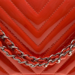 Pre Owned Chanel Coral Quilted Patent Leather Chevron Jumbo Classic Flap Bag