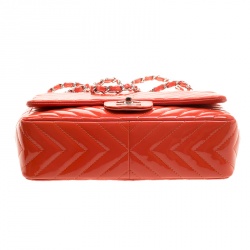 Pre Owned Chanel Coral Quilted Patent Leather Chevron Jumbo Classic Flap Bag
