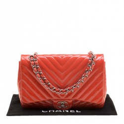 Pre Owned Chanel Coral Quilted Patent Leather Chevron Jumbo Classic Flap Bag