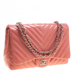 Pre Owned Chanel Peach Pink Quilted Patent Leather Chevron Jumbo Classic Flap Bag