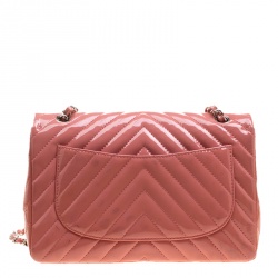 Pre Owned Chanel Peach Pink Quilted Patent Leather Chevron Jumbo Classic Flap Bag