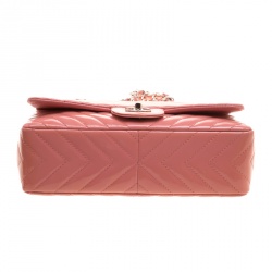 Pre Owned Chanel Peach Pink Quilted Patent Leather Chevron Jumbo Classic Flap Bag
