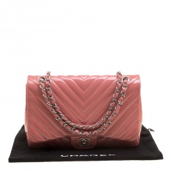 Pre Owned Chanel Peach Pink Quilted Patent Leather Chevron Jumbo Classic Flap Bag