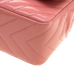 Pre Owned Chanel Peach Pink Quilted Patent Leather Chevron Jumbo Classic Flap Bag
