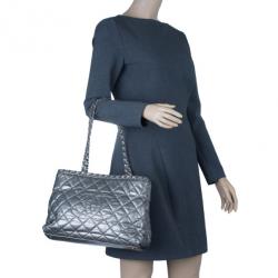 Chanel Metallic Silver Quilted Leather Chain Me Tote