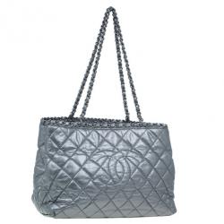 Chanel Metallic Silver Quilted Leather Chain Me Tote