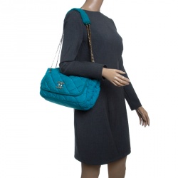 Pre Owned Chanel Turquoise Quilted Bubble Jersey Snake Effect Chain Shoulder Bag