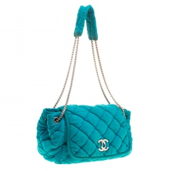 Pre Owned Chanel Turquoise Quilted Bubble Jersey Snake Effect Chain Shoulder Bag