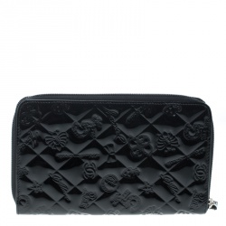 Chanel Black Quilted Patent Leather Embossed Lucky Symbols Zip Around Wallet