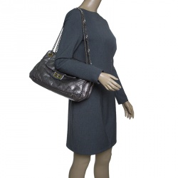 Pre Owned Chanel Grey Drill Perforated Leather Large Classic Flap Accordion Bag