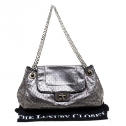 Pre Owned Chanel Grey Drill Perforated Leather Large Classic Flap Accordion Bag