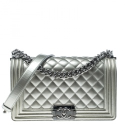 Chanel Silver Quilted Patent Leather Medium Boy Flap Bag Chanel