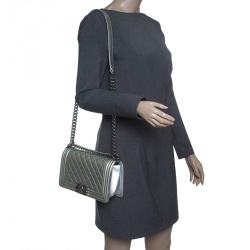 Pre Owned Chanel Silver Quilted Patent Leather Medium Boy Flap Bag