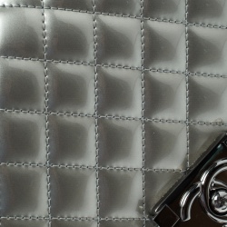 Pre Owned Chanel Silver Quilted Patent Leather Medium Boy Flap Bag