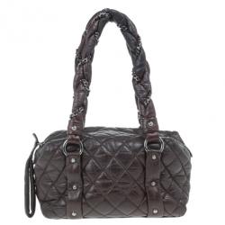 Pre Owned Chanel Brown Lambskin Bubble Quilt Bowler Satchel