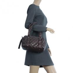 Pre Owned Chanel Brown Lambskin Bubble Quilt Bowler Satchel