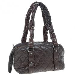 Pre Owned Chanel Brown Lambskin Bubble Quilt Bowler Satchel