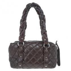 Pre Owned Chanel Brown Lambskin Bubble Quilt Bowler Satchel