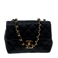 Pre Owned Chanel Black Quilted Satin Mini Vintage Classic Single Flap Bag
