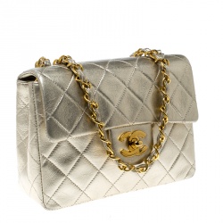Pre Owned Chanel Light Gold Quilted Leather Mini Vintage Classic Single Flap Bag