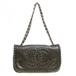 Pre Owned حقيبة كتف شانيل قلاب CC مخيطة جلد خضراء