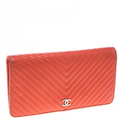 Chanel Orange Chevron Leather CC Long Wallet
