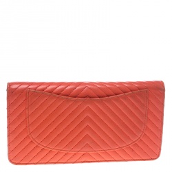 Chanel Orange Chevron Leather CC Long Wallet