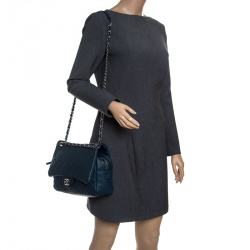 Pre Owned Chanel Navy Blue Quilted Caviar Leather Large Easy Flap Bag