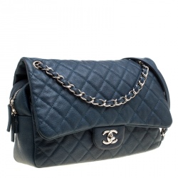Pre Owned Chanel Navy Blue Quilted Caviar Leather Large Easy Flap Bag