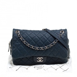 Pre Owned Chanel Navy Blue Quilted Caviar Leather Large Easy Flap Bag